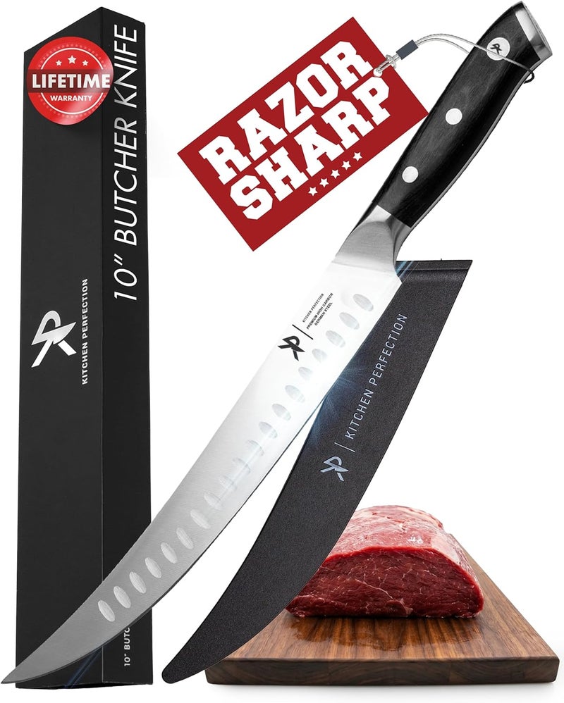 Kitchen perfection 10” Butcher Knife for Meat Cutting & Trimming-Ultra Sharp Cimeter Breaking Carving Knife with Sheath- Premium German Steel,Full Tang Ergonomic Handle -Perfect Grilling Gifts for Men - Image 1